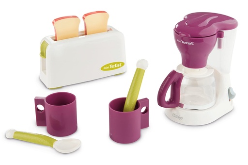 Tefal Petit Déjeuner - Accessoires de Cuisine pour Enfant - Grille Pain + Cafetière - 2 Tasses et 2 Cuillères - Jouet d'Imitation